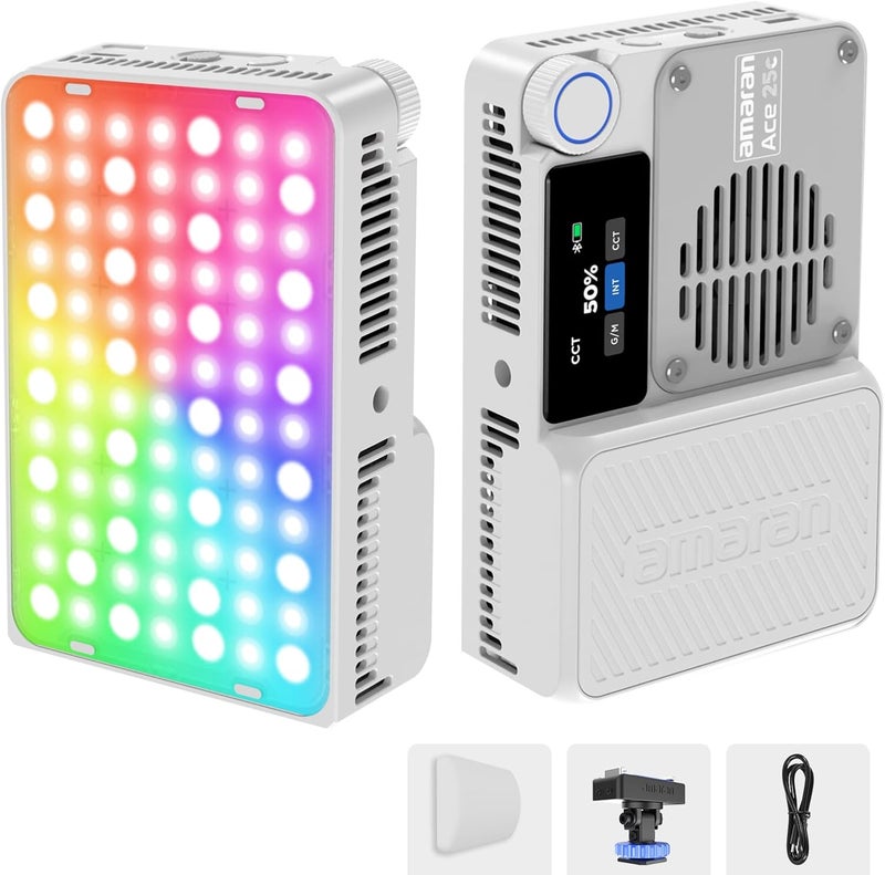 AMARAN ضوء LED محمول Ace 25c RGBWW، وضع التعزيز حتى 32 واط، ضوء فيديو مصغر كامل الألوان (2,300-10,000 كلفن)، 1,171 لوكس@1م عند 5,600 كلفن، بطارية 4500 مللي أمبير مع شحن سريع PD للمبدعين (أبيض) - Image 1